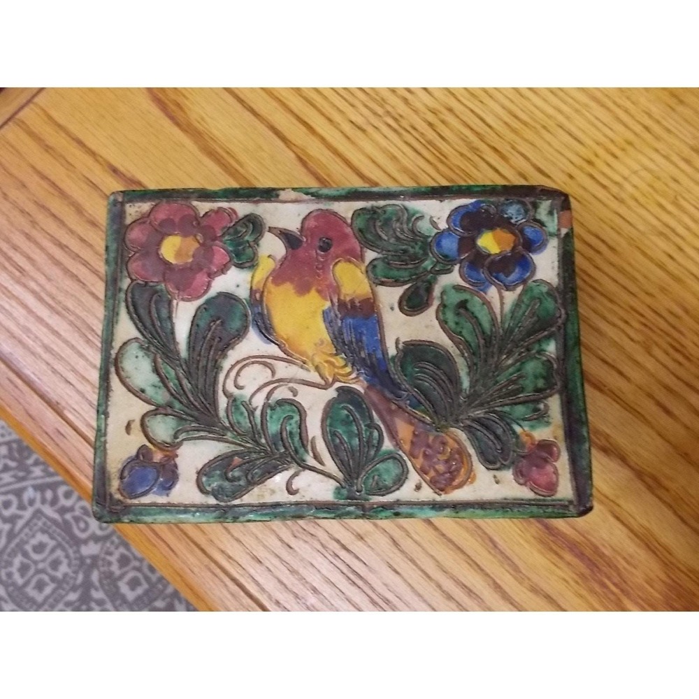 Vintage Italian Pottery Trinket Box Bird Floral Ceramic Italy Signed